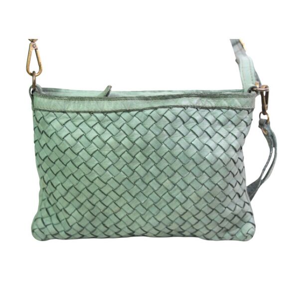 Borse in Pelle WOVEN GREEN GENUINE LEATHER X-BODY SHOULDER BAG CLUTCH WRISTLET - Picture 1 of 14
